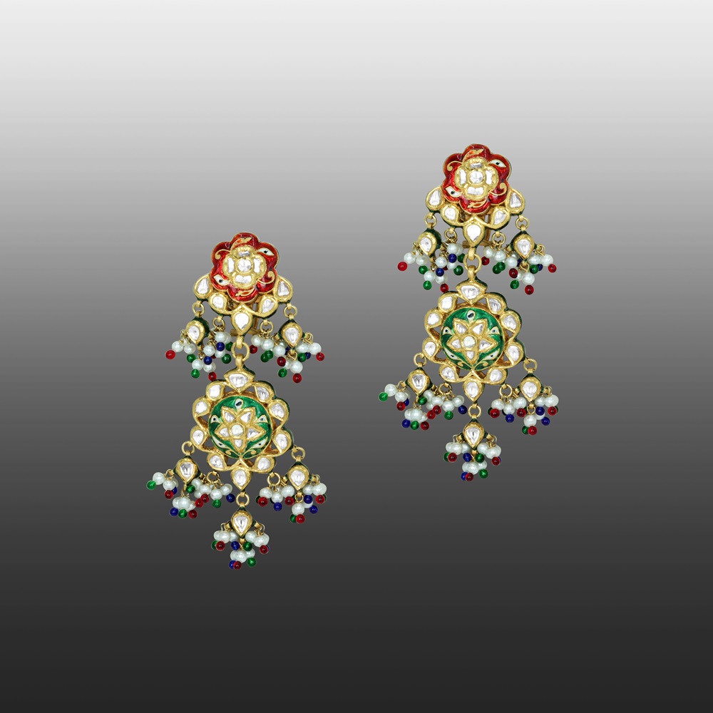 Floral Earrings with Polki, Red-Green Enamel, Pearls, and Beads